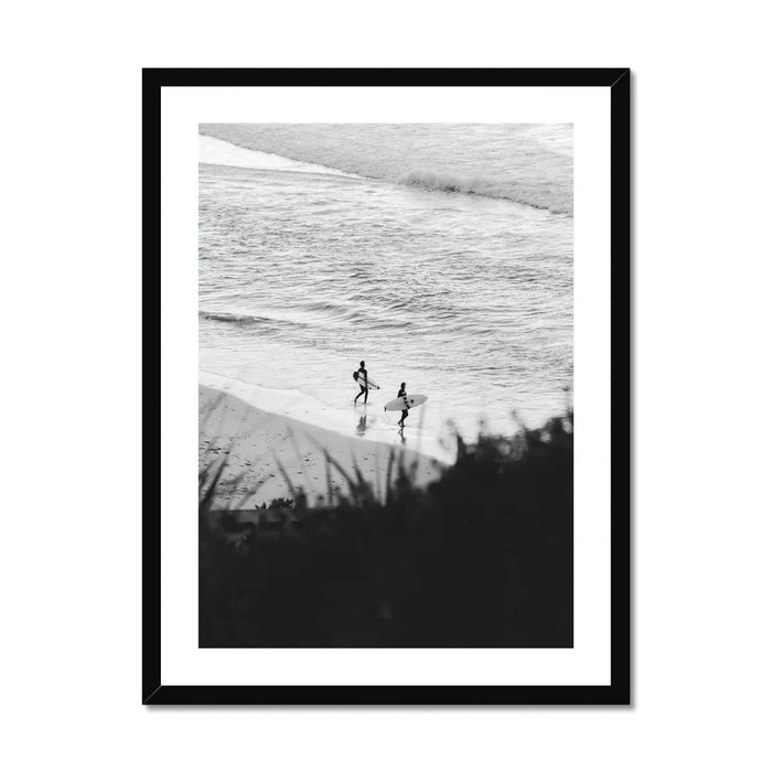 black & white photograph of surfers on the beach - beach house art