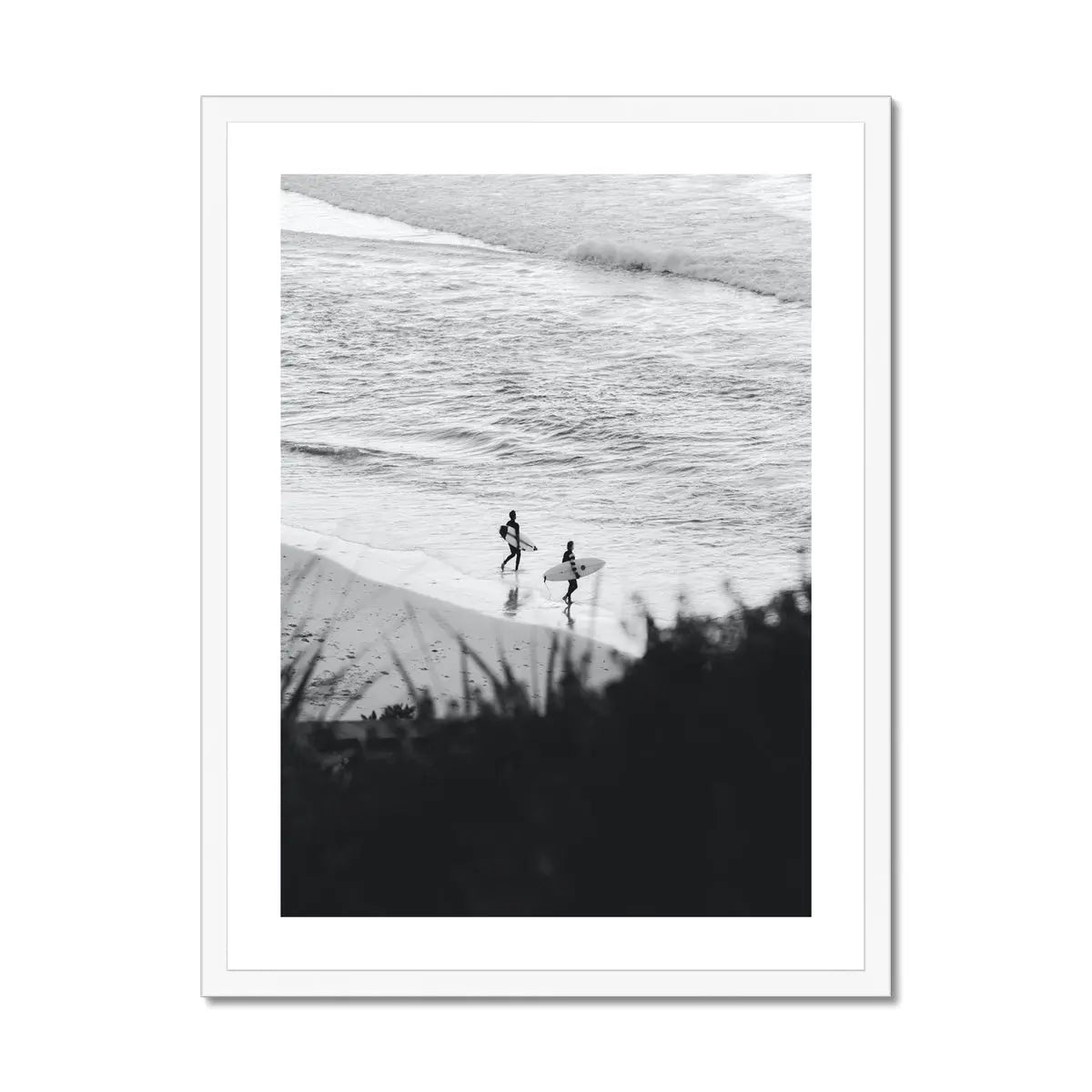black & white photograph of surfers on the beach - beach house art