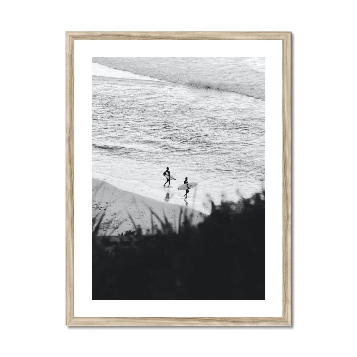 black & white photograph of surfers on the beach - beach house art