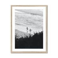 black & white photograph of surfers on the beach - beach house art
