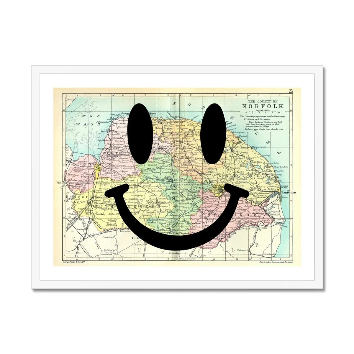Norfolk Makes Me Smile (Norfolk Map) Vintage Map Art - Framed - Beach House Art