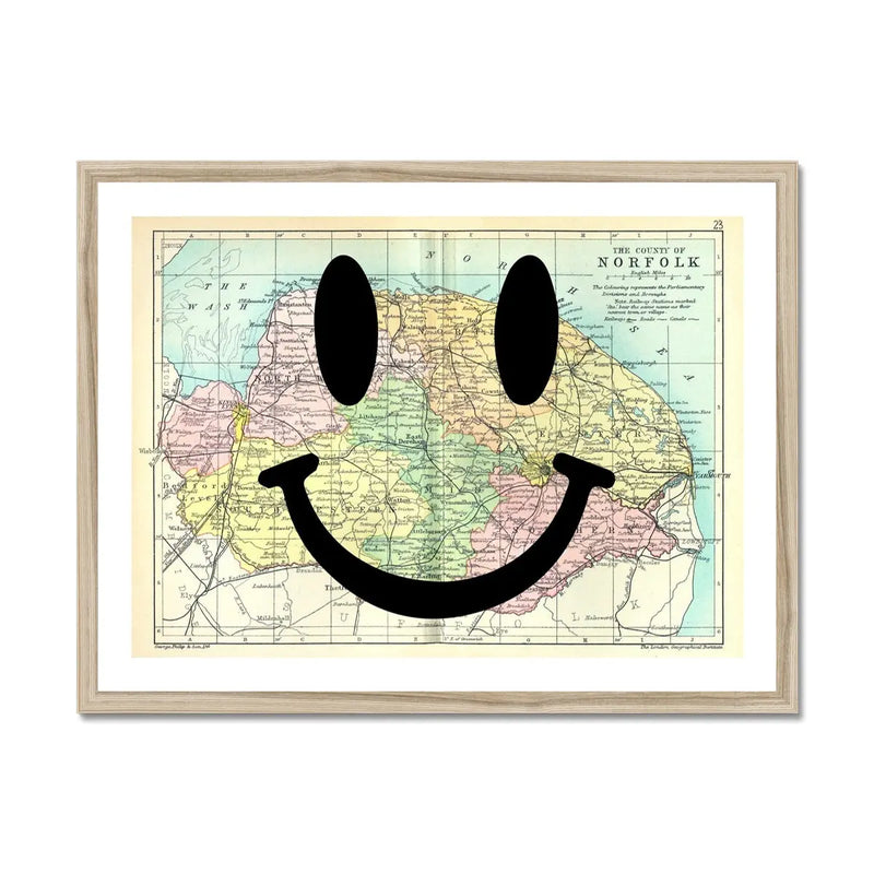 Norfolk Makes Me Smile (Norfolk Map) Vintage Map Art - Framed - Beach House Art