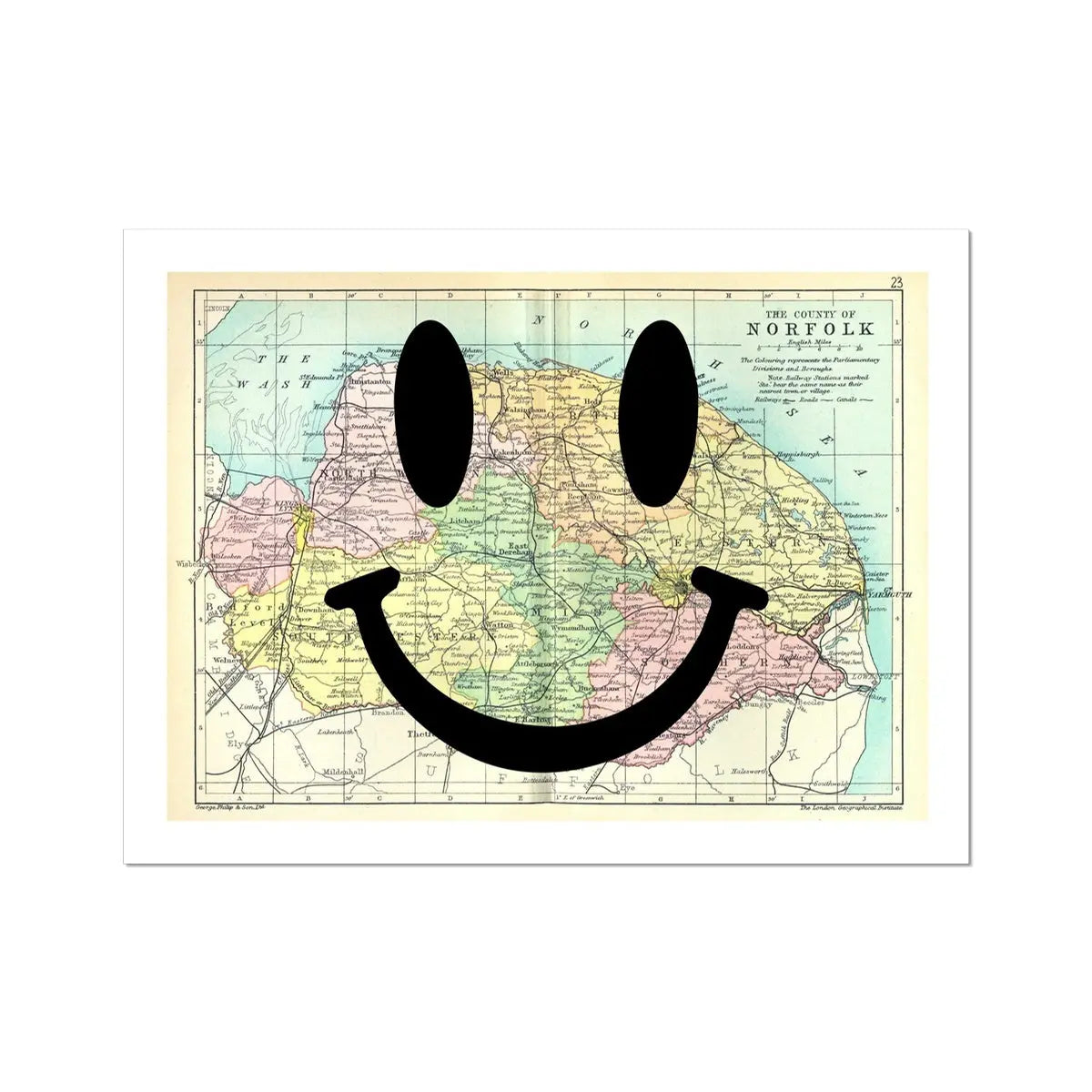 Norfolk Makes Me Smile (Norfolk Map) Vintage Map Art - Unframed - Beach House Art
