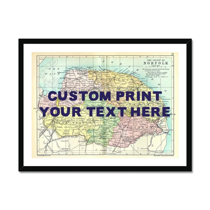 Coastal wall art featuring a personalised vintage map print of Norfolk with pink font - Framed wall art