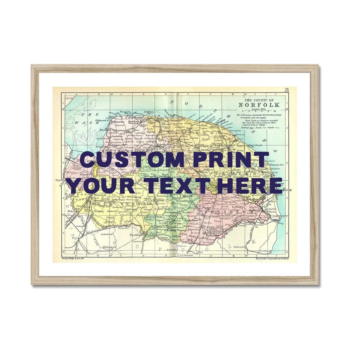 Coastal wall art featuring a personalised vintage map print of Norfolk with pink font - Framed wall art