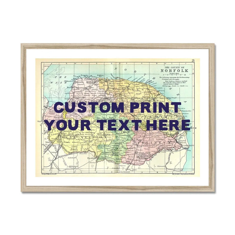 Coastal wall art featuring a personalised vintage map print of Norfolk with pink font - Framed wall art