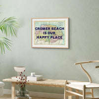 Coastal wall art featuring a personalised vintage map print of Norfolk with pink font - Framed wall art