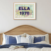 Coastal wall art featuring a personalised vintage map print of Norfolk with pink font - Framed wall art