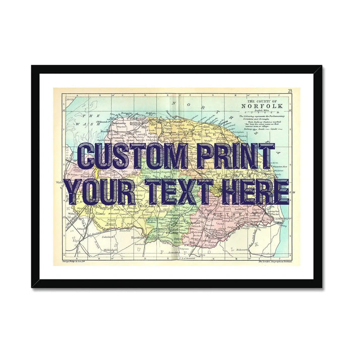 Coastal wall art featuring a personalised vintage map print of Norfolk with navy font - framed wall art
