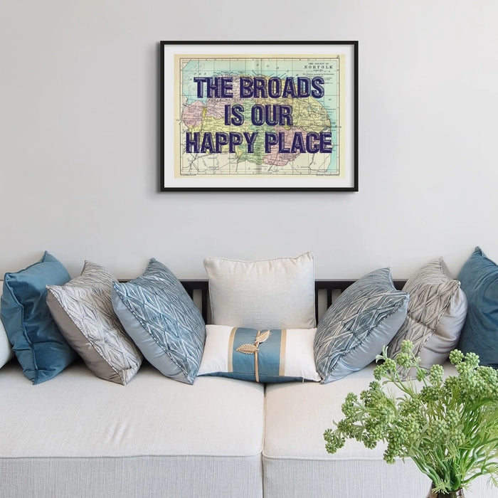 Coastal wall art featuring a personalised vintage map print of Norfolk with navy font - framed wall art