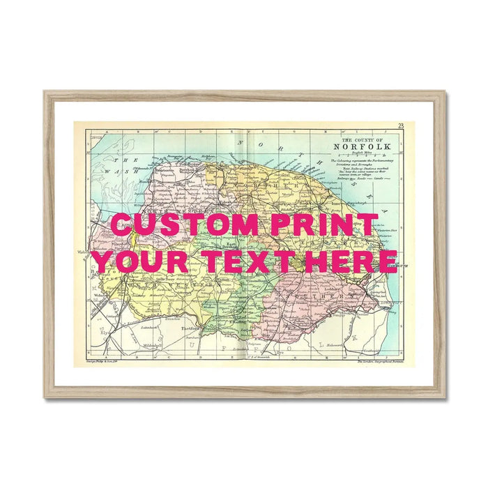 Coastal wall art featuring a personalised vintage map print of Norfolk with navy font - Framed Wall Art