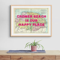 Coastal wall art featuring a personalised vintage map print of Norfolk with navy font - Framed Wall Art