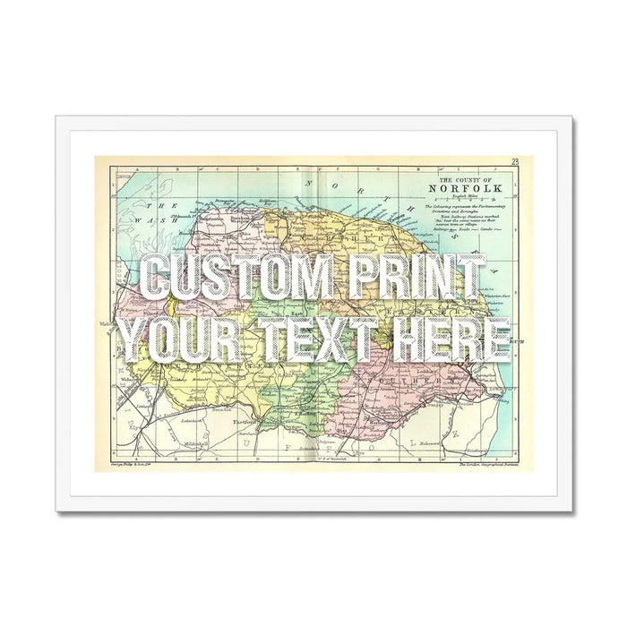 Coastal wall art featuring a personalised vintage map print of Norfolk with white font - framed wall art