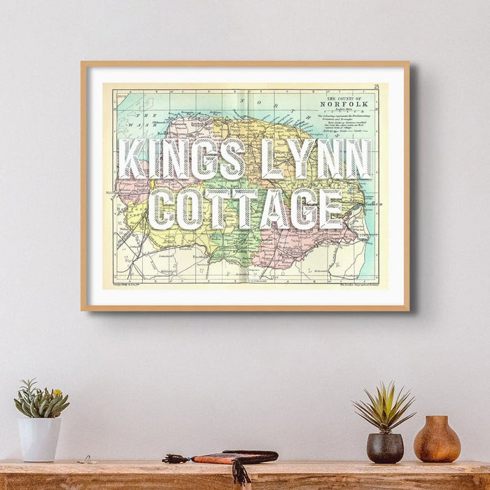 Personalised vintage map print of Norfolk with white font - framed wall art
