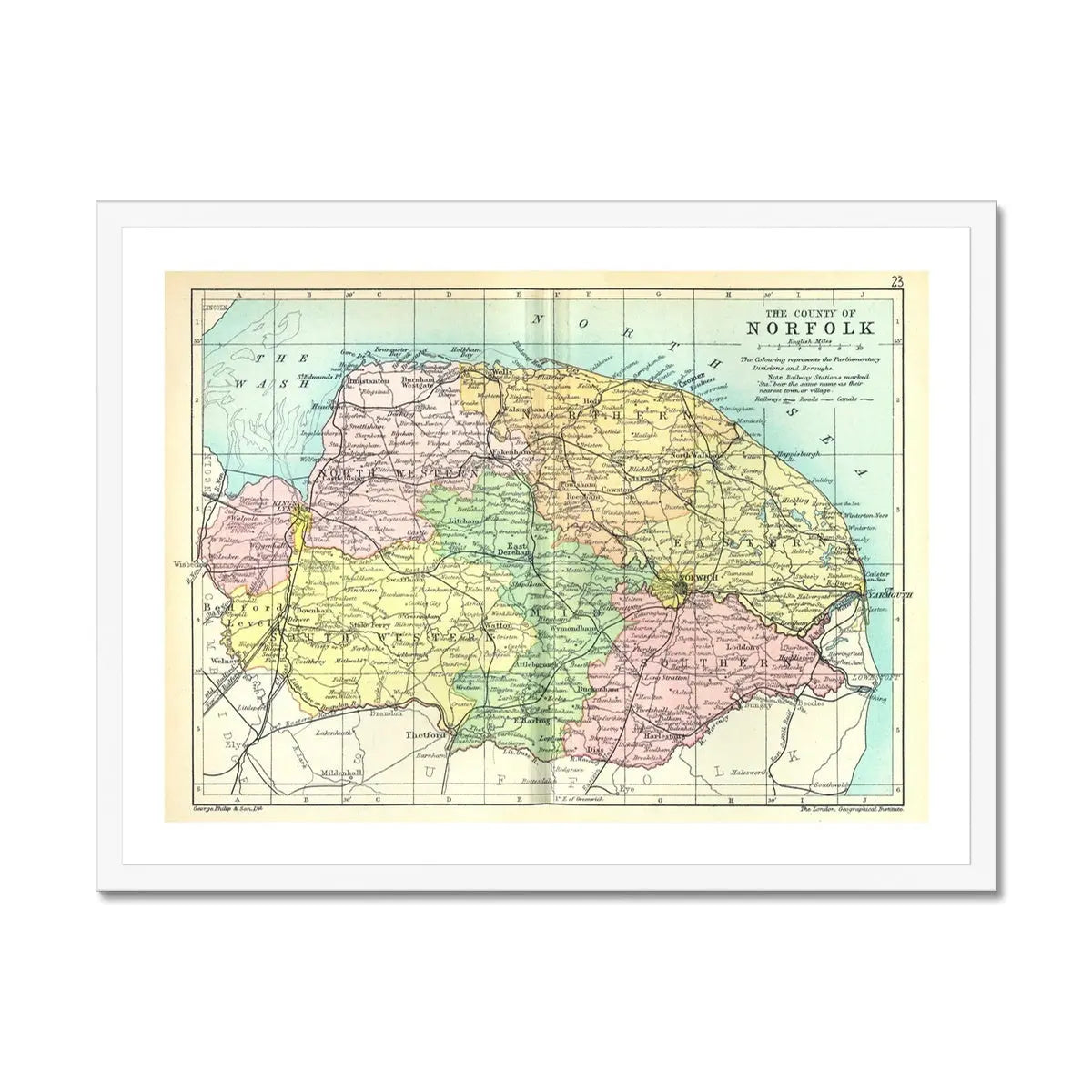 Norfolk Vintage Map (Norfolk Map) Vintage Map Art - Framed - Beach House Art