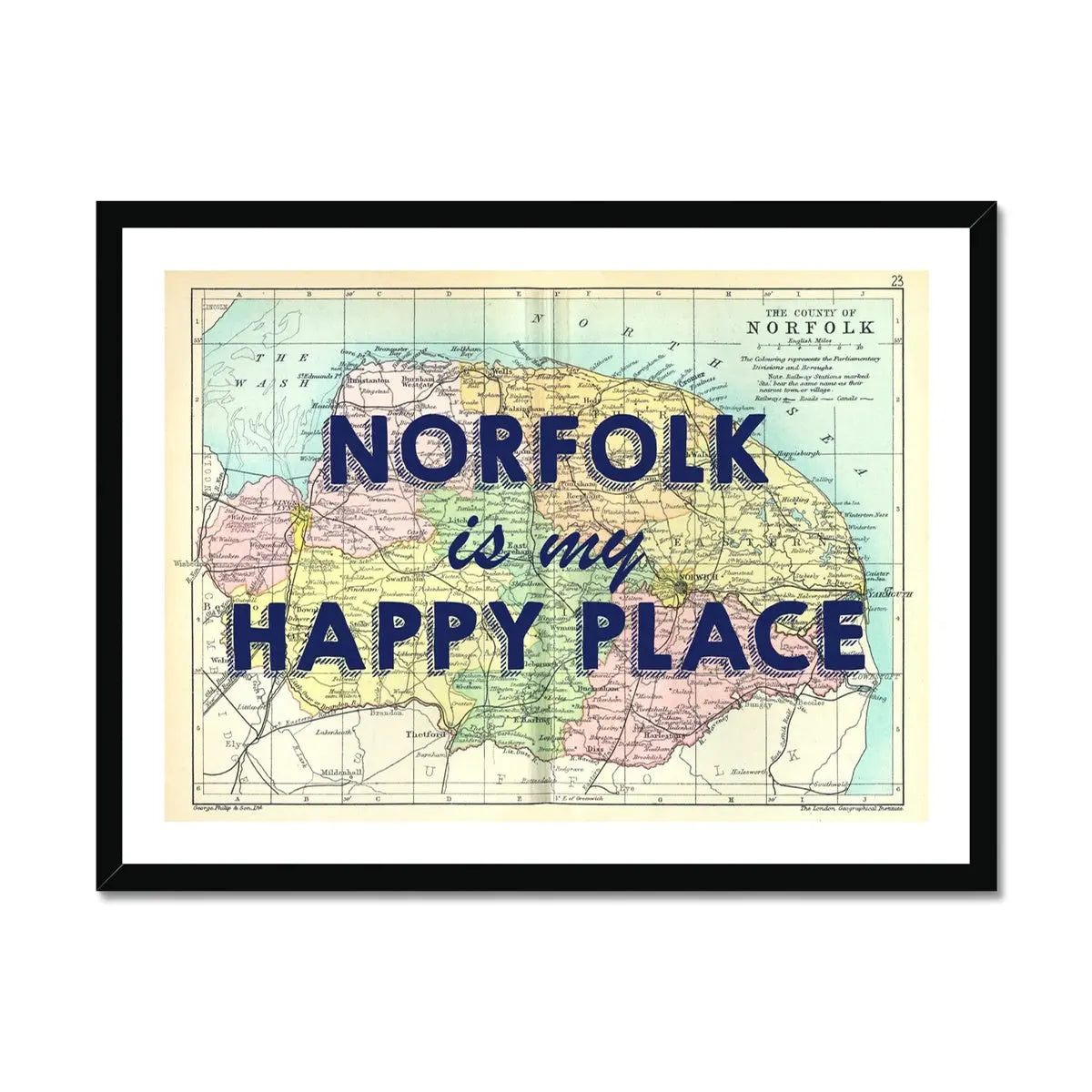 Norfolk is my Happy Place (Norfolk Map) Vintage Map Art - Framed - Beach House Art