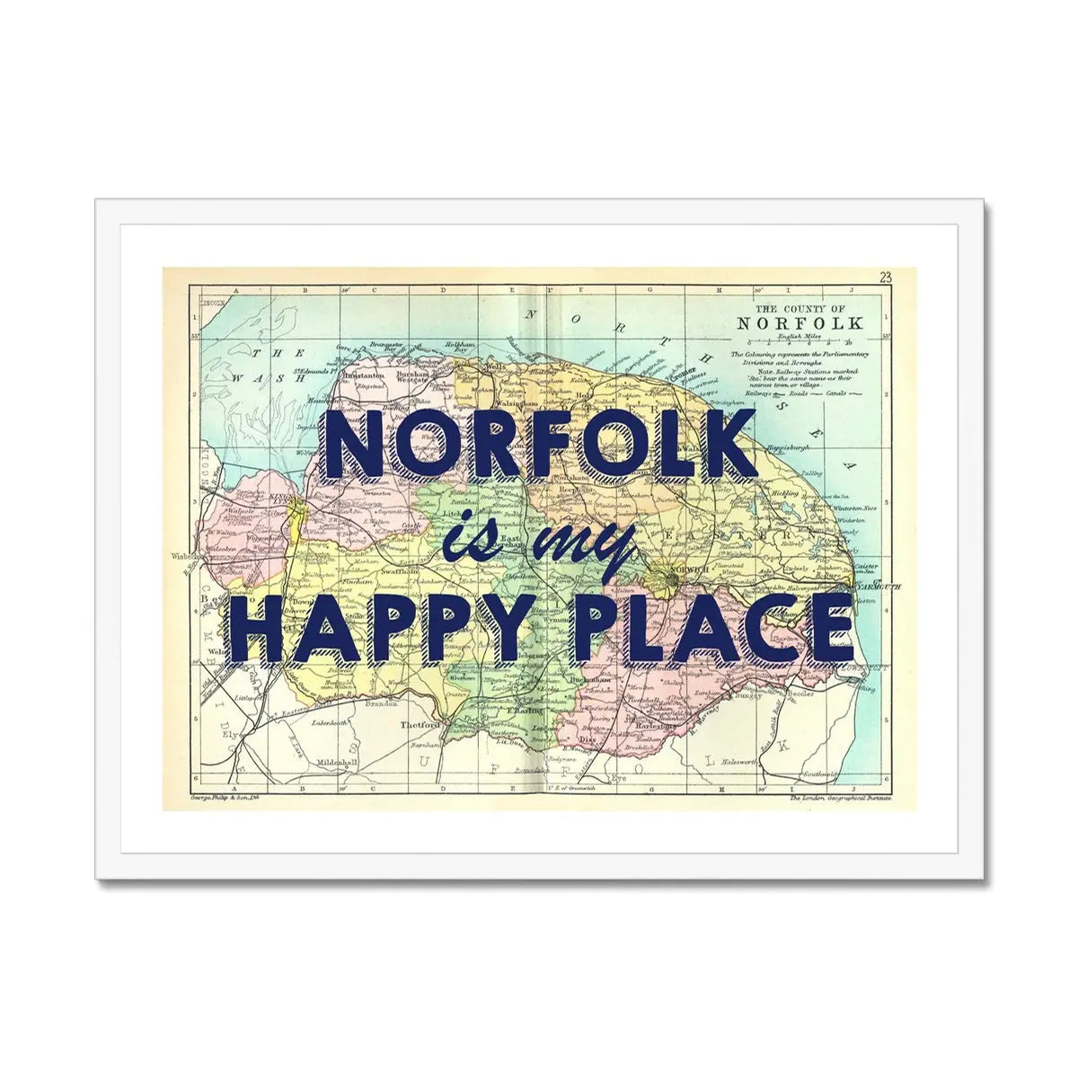 Norfolk is my Happy Place (Norfolk Map) Vintage Map Art - Framed - Beach House Art
