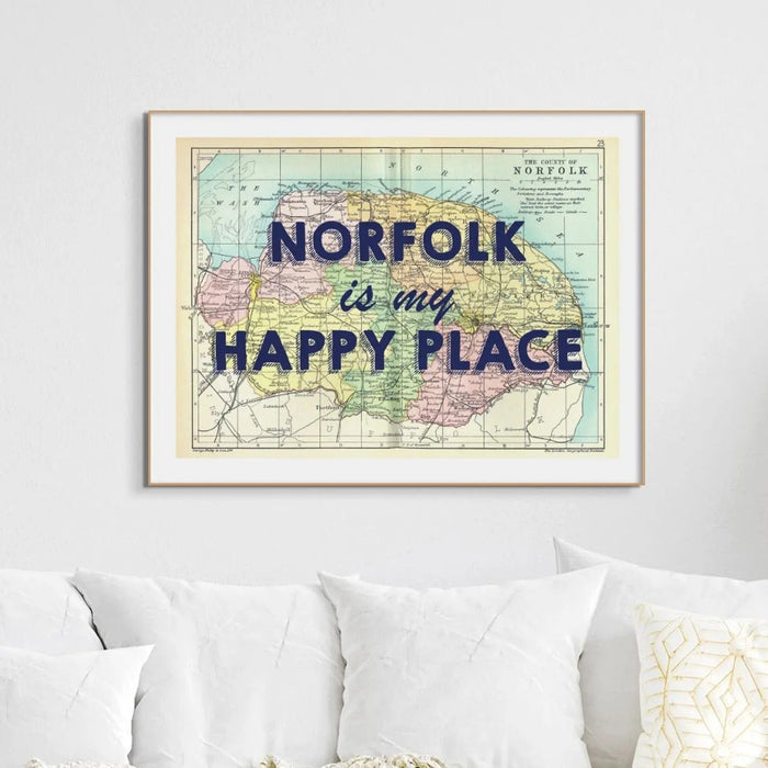 Norfolk is my Happy Place (Norfolk Map) Vintage Map Art - Unframed - Beach House Art