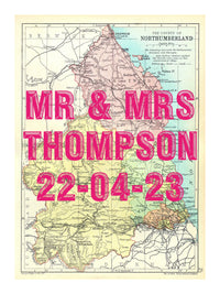 Northumberland Personalised Map Print | Custom Map of Northumberland | Pink Vintage Font - Unframed Wall Art