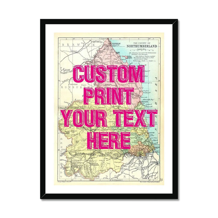 Northumberland Personalised Map Print | Map of Northumberland | Pink Vintage Font - Framed Wall Art