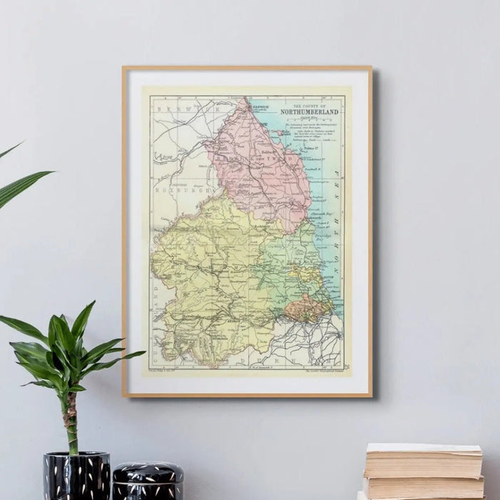 Northumberland Vintage Map Print | Map Print of Northumberland Framed in White wood frame above a sideboard