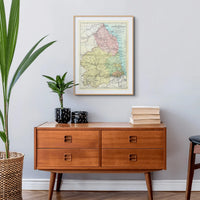 Northumberland Vintage Map Print | Map Print of Northumberland Framed in White wood frame above a sideboard
