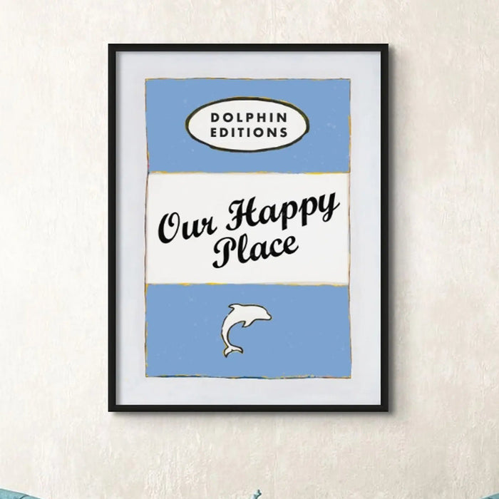 Our Happy Place quote print on vintage style book cover in blue - Framed