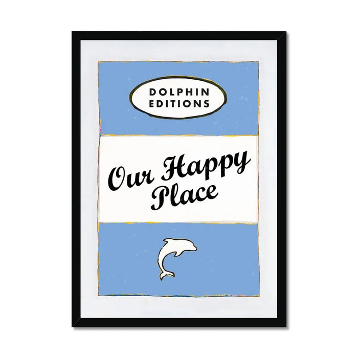 Our Happy Place quote print on vintage style book cover in blue - Framed