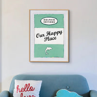Our Happy Place quote print on vintage style book cover|Jade - Framed