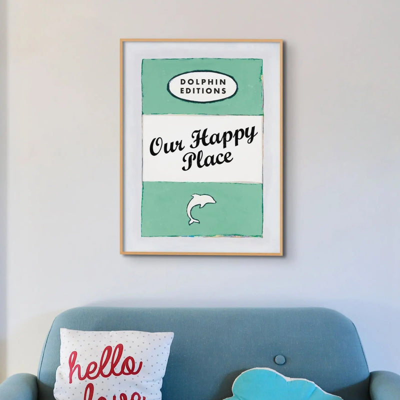 Our Happy Place quote print on vintage style book cover|Jade - Framed