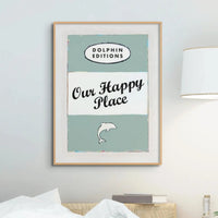 Our Happy Place quote print on vintage style book cover in Green - Framed