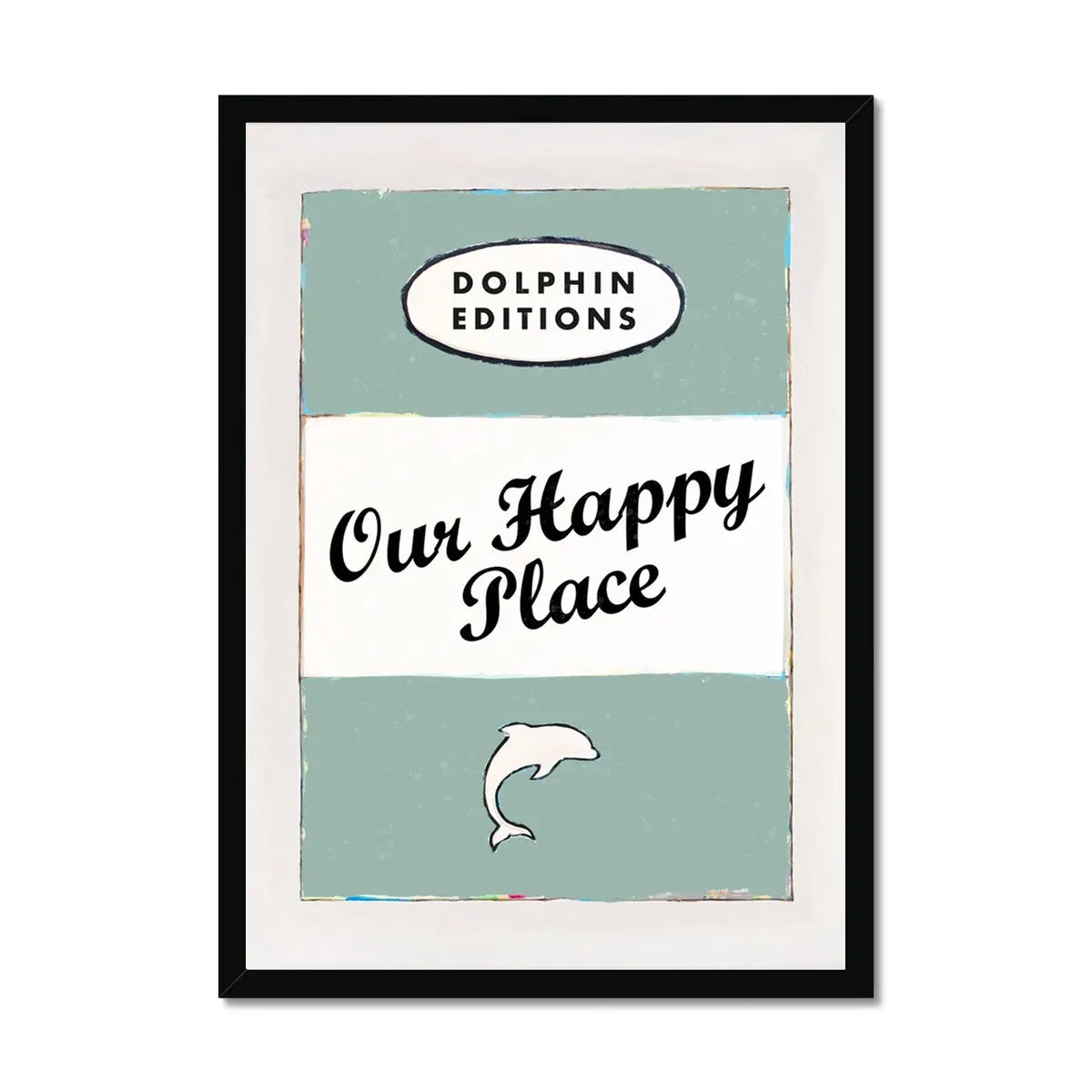 Our Happy Place quote print on vintage style book cover in Green - Framed