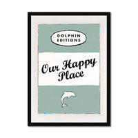 Our Happy Place quote print on vintage style book cover in Green - Framed