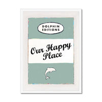 Our Happy Place quote print on vintage style book cover in Green - Framed