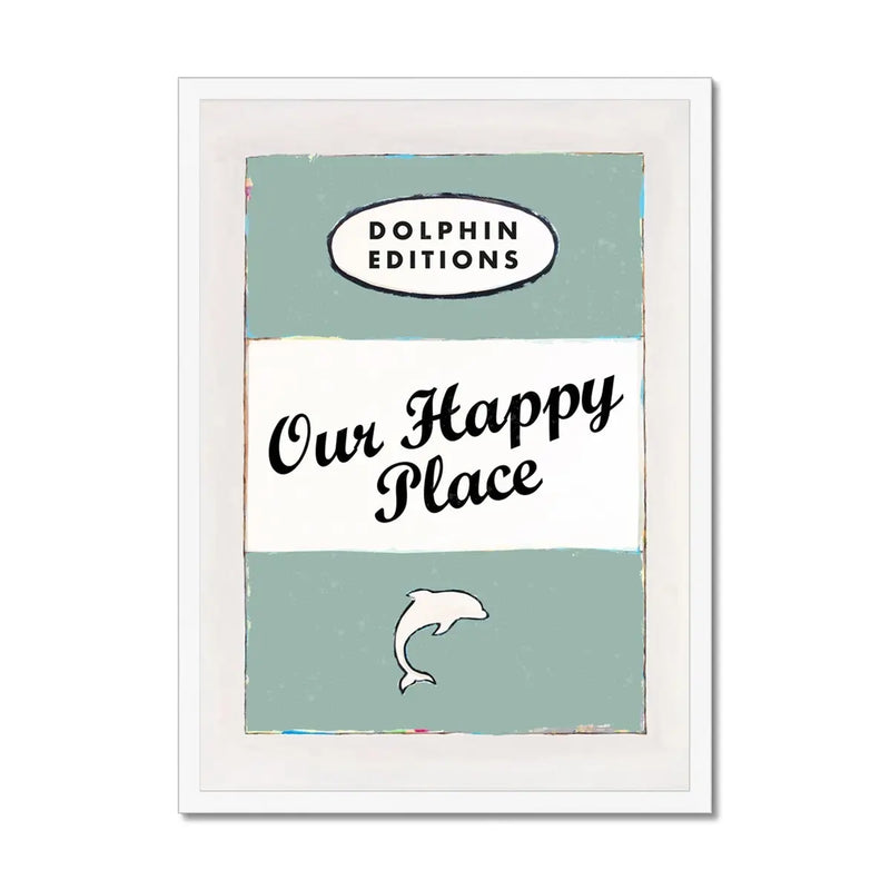 Our Happy Place quote print on vintage style book cover in Green - Framed