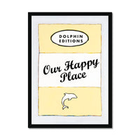 Our Happy Place quote print on vintage style book cover in Yellow - Framed