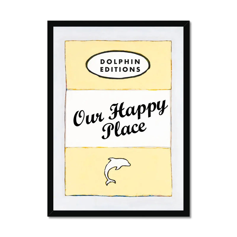 Our Happy Place quote print on vintage style book cover in Yellow - Framed