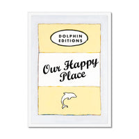 Our Happy Place quote print on vintage style book cover in Yellow - Framed