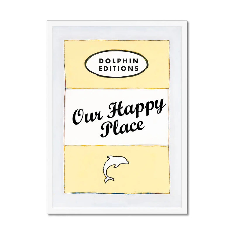 Our Happy Place quote print on vintage style book cover in Yellow - Framed