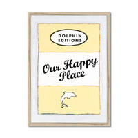 Our Happy Place quote print on vintage style book cover in Yellow - Framed