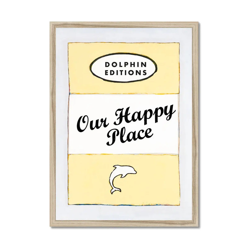 Our Happy Place quote print on vintage style book cover in Yellow - Framed