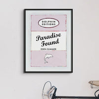 this framed print features a vintage book cover art poster of "Paradise Found" in pink.