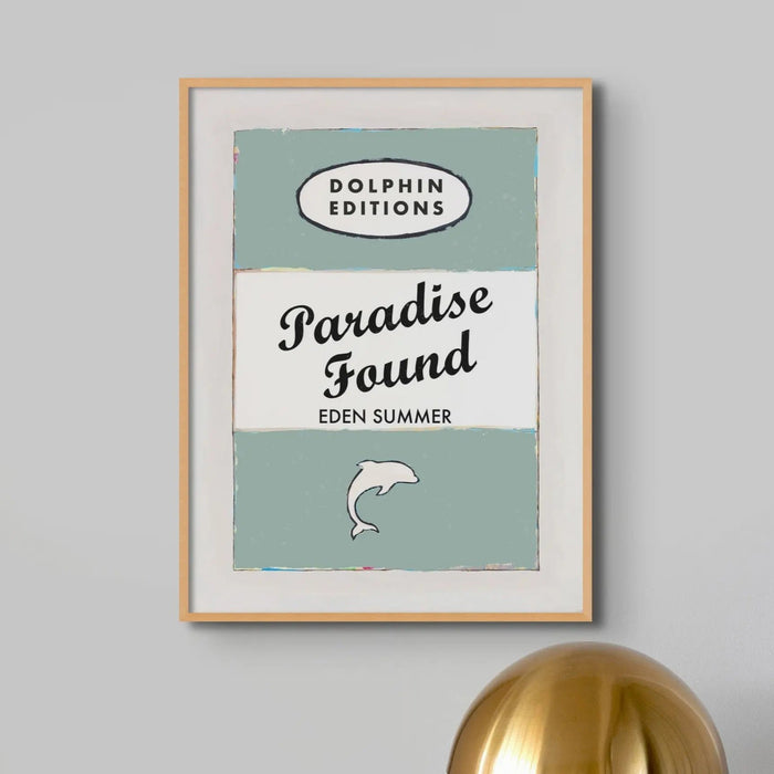 framed vintage book cover art print titled "Paradise Found" by Beach House Art in Sage Green.