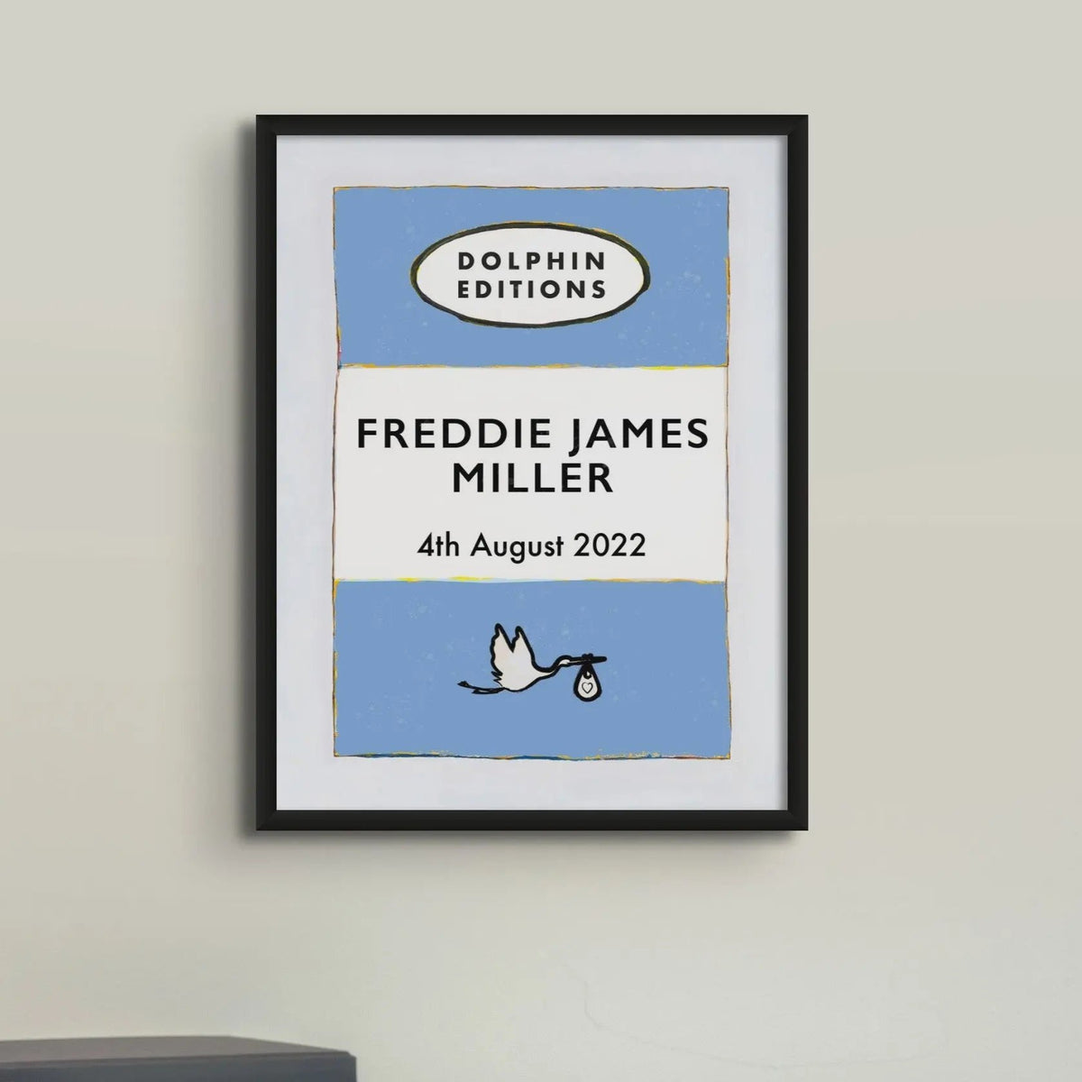 Custom baby name print in blue with personalised name and birth details - unframed wall art