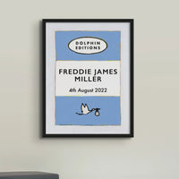 Custom baby name print in blue with personalised name and birth details - unframed wall art