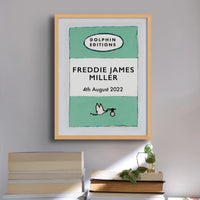 framed new baby print with custom baby name and date of birth - framed in natural wood frame