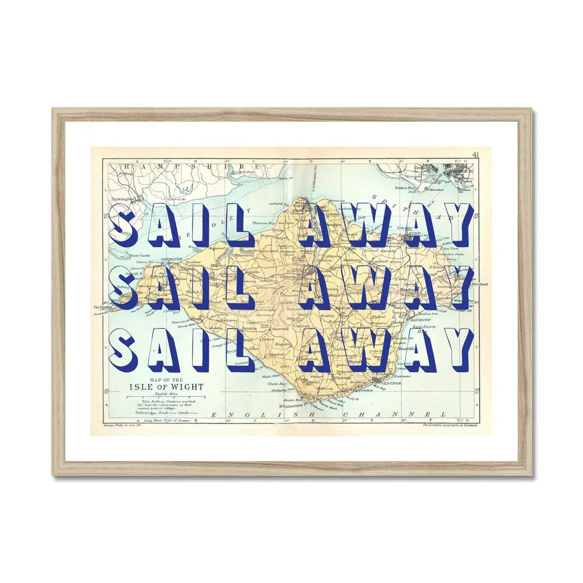 Sail Away (Isle of Wight Map) Vintage Map Art- Framed - Beach House Art