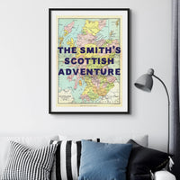 Coastal wall art featuring a personalised vintage map print of Scotland with navy font - Framed wall art