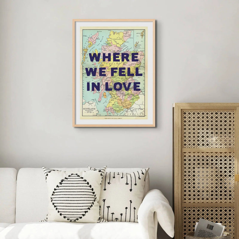 Coastal wall art featuring a personalised vintage map print of Scotland with navy font - Framed wall art