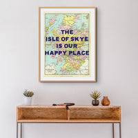 Coastal wall art featuring a personalised vintage map print of Scotland with navy font - Framed wall art